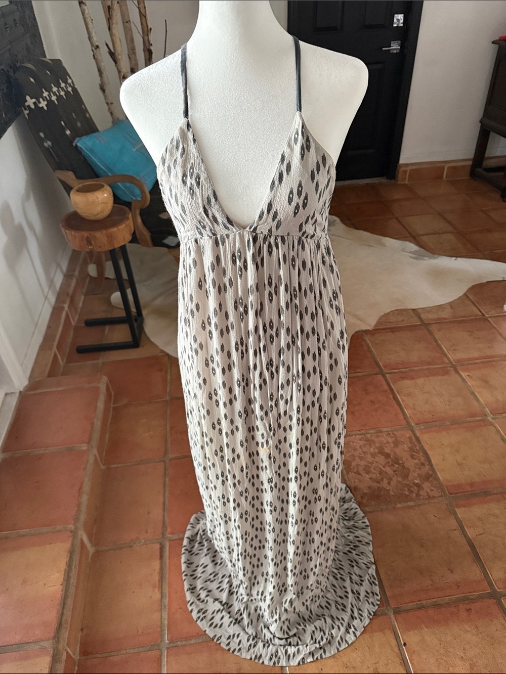 O'Neill Light Grey and Charcoal Printed Maxi Dress w/ Adjustable Straps
